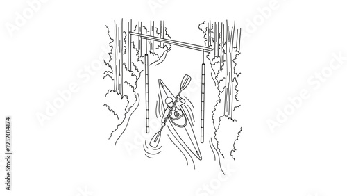 Kayaker navigating rivercourse in linear design