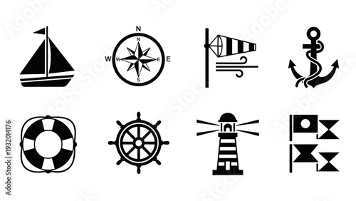 Nautical icons collection featuring sailboat, compass, lighthouse, anchor, helm, and signal flags in bold silhouette design