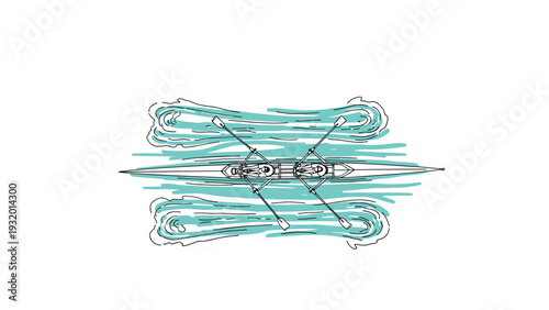 Hand drawn top view of rowing boat with two rowers on abstract water