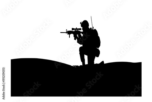 Tactical Soldier Kneeling in Desert Silhouette Vector for Special Forces Mission and Modern Warfare Illustration