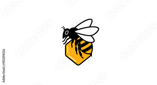 A stylized bee rests on honeycomb against a white background, black outlines, and yellow fill