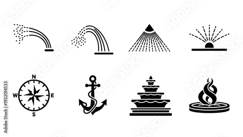 Set of fountain, compass, and anchor icons in simple silhouette design