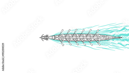Dragon boat racing team in action with water splash in minimalist line art style