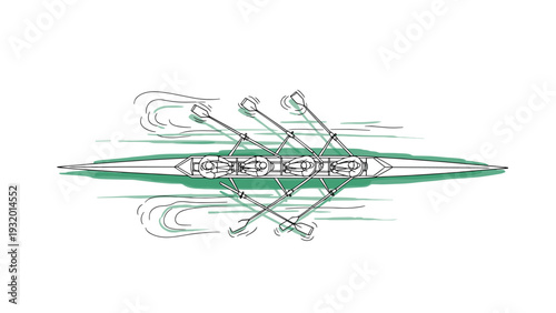Team rowing in motion: dynamic linear top view of athletes on water