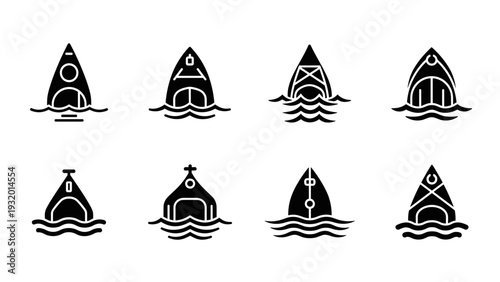 Set of eight kayak icon designs with water waves in linear style