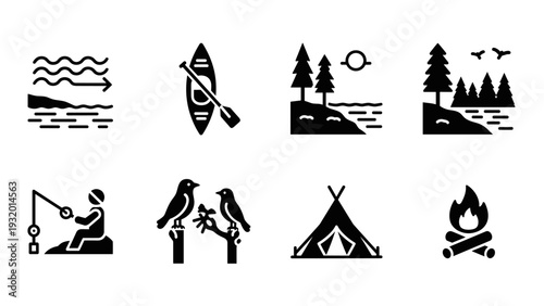Black and white outdoor adventure icons set with camping, canoeing, and wildlife elements