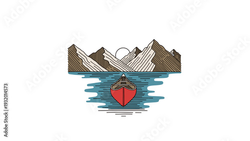 Canoe adventure in tranquil mountain lake at sunrise - minimalist natural scene