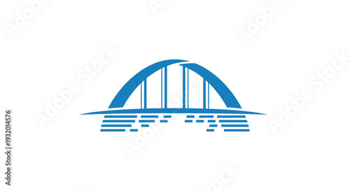 A minimalist blue bridge design against a white background with an arch and pillars
