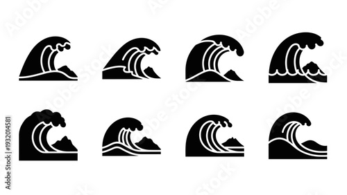 Set of eight silhouette wave icons with mountain elements in minimalistic style