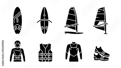 Water sports silhouette icons: surfboards, windsurfing, and safety gear