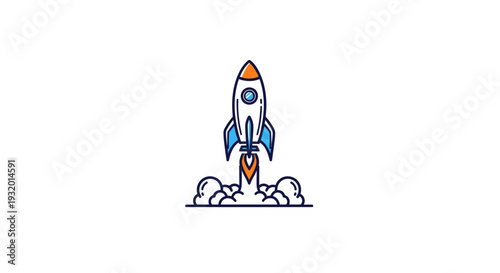A cartoon rocket ship launches from a cloud of smoke against a clean white background