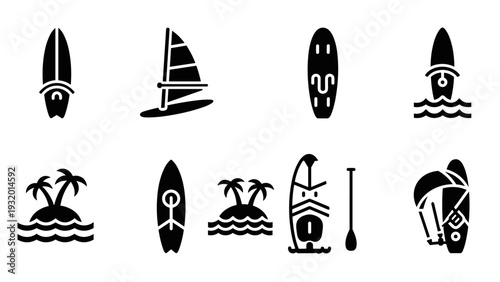 Silhouette water sports equipment and tropical island icons set