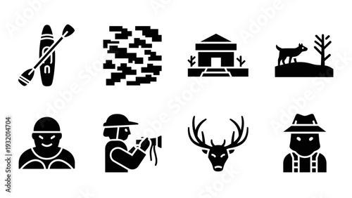 Outdoor adventure icons: kayaking, hiking, fishing, wildlife, and nature in bold silhouette design