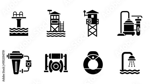 Lifeguard and pool equipment icons set in black silhouette style