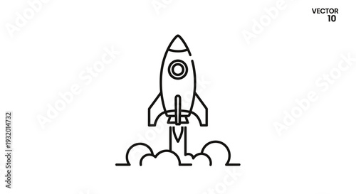 Black and white line art of a rocket ship taking off with exhaust. "Vector 10" in corner