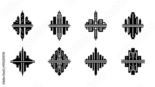 Geometric cityscape icons in minimalist pixel art style for urban design projects