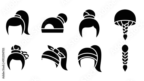 Black and white silhouette collection of various modern female hairstyles