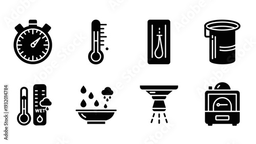 Essential household devices and weather icons in simple black icons set