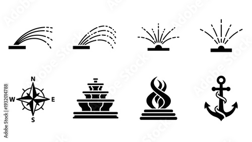 Set of fountain and nautical icons: compass, anchor, flames, water jets