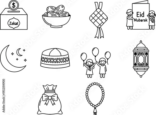 Eid Mubarak Icon Collection: Zakat Box, Dates, Kids, Lantern, Moon, Cap, Balloons, and Gift Bag