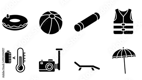 Summer beach essentials: silhouette icons of fun and safety gear