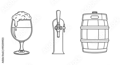 beer icons representing a frothy glass classic tap and wooden keg ideal for pub menus or brewery branding