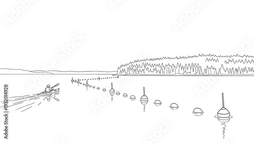Canoe journey on serene lake with buoys and forest skyline in minimal outline style
