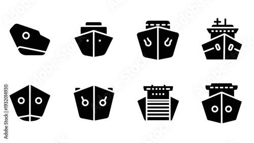 Set of ship icons: simple silhouette collection featuring various ship front designs