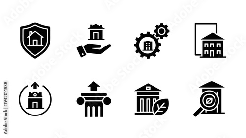 Minimalist real estate icons: buildings, gears, magnifying glass, columns, leaves, shields, arrows