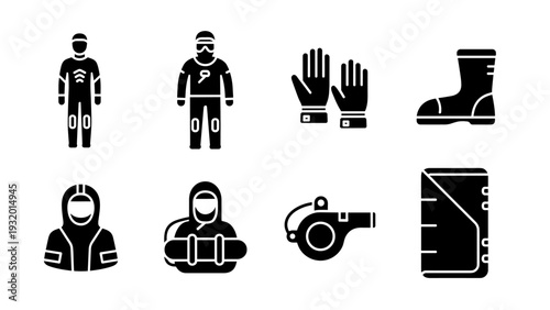 Essential gear for winter sports: icon set featuring safety equipment and apparel