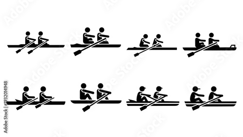 Silhouette icons of rowers: teamwork and competition in minimalist black and white design
