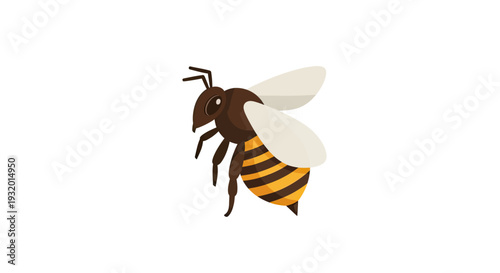 Stylized, cartoon-like bee in flight on white background, showcasing brown, yellow, and cream colors