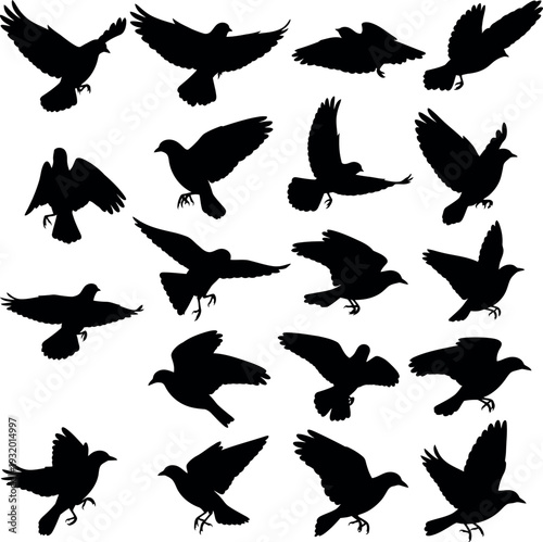 Collection of diverse black silhouettes of pigeons and doves in flight and perched, representing freedom, peace, and nature.