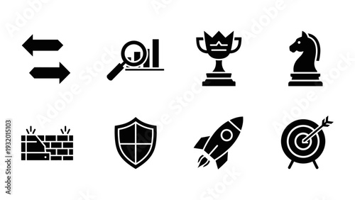 Minimalist business icons: growth, security, strategy, achievement, leadership