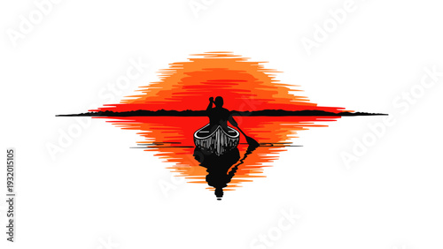 Silhouette of a canoeist paddling at sunset with reflection on calm water
