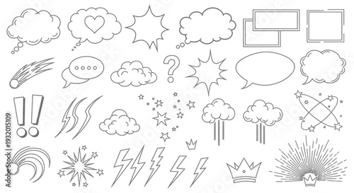dynamic vector set of cartoon comic book speech bubbles thought clouds and graphic elements for creative design projects.