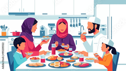 muslim family enjoying a traditional meal together in a modern kitchen celebrating cultural values and family unity.