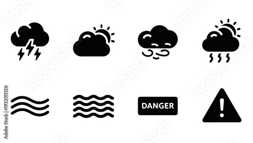 Weather and hazard symbols: storms, clouds, warning signs in bold silhouette style