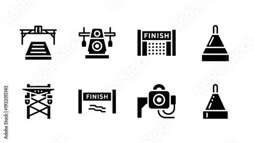 Icon set featuring race finish line and construction elements in modern silhouette style