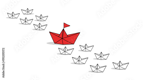 Origami leadership concept with red paper boat leading black and white fleet