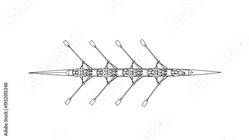 Linear rowing team in motion from above: competitive nautical sport art