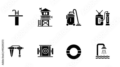 Essential pool and beach silhouette icons for water safety and recreation