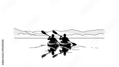 Silhouette of two kayakers paddling on serene lake with mountain view