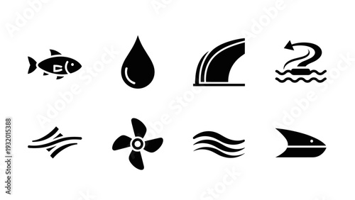 Silhouette water and marine icons: fish, waves, propeller, water drop