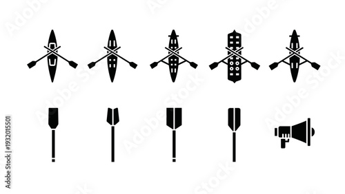 Canoe and paddle silhouettes with megaphone icon set