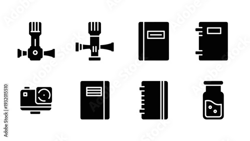 Silhouette icons of valves, books, cameras, and bottles on white background