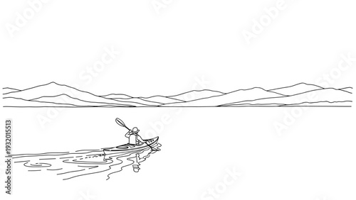 Tranquil kayaking journey in minimalist line art with mountain view