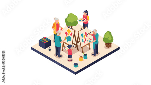 Isometric art class with elderly and children painting outdoors
