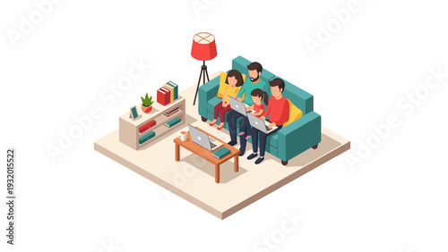 Modern family relaxing in cozy living room with laptops