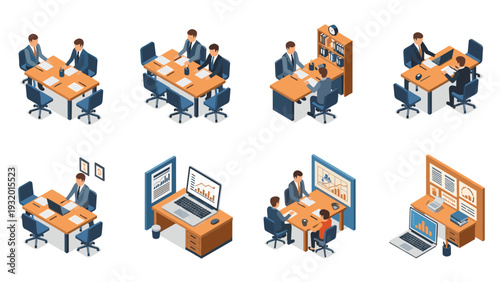 Isometric office meeting and workspace set with business people and technology